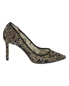 romy pointed toe pumps in black floral corded lace