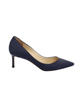agnes polka dot kitten heels in blue denim