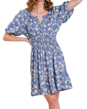 split neck floral puff sleeve dress with smocked waistband in blue