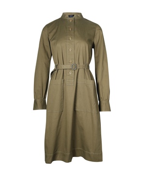 button front belted dress in olive cotton