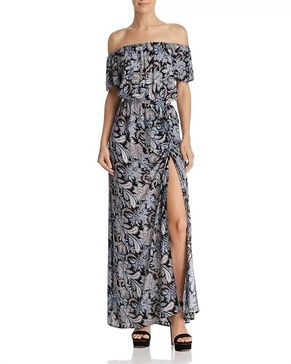 paisley print off the shoulder maxi dress in multicolor
