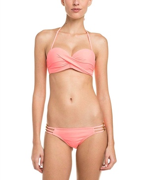 women's tab side strap hipster bikini bottom in coral