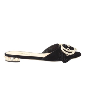 pearl embellished buckle flat sandals in black velvet