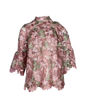 mock neck floral lace blouse in pink polyester