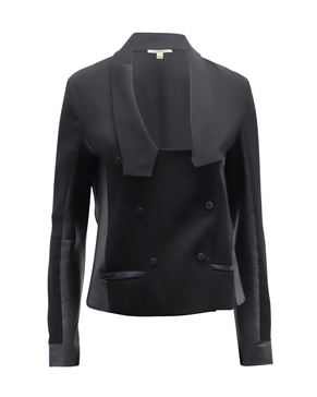 leather-trimmed double breasted blazer jacket in black triacetate