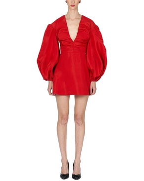 balloon sleeve ruched v-neck silk mini dress