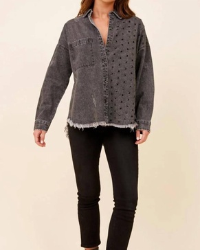 washed rhinestone shacket in black