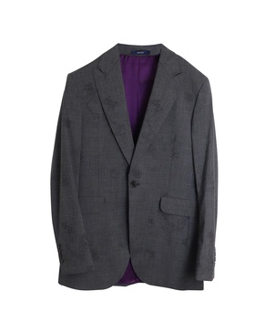baroque motif print blazer and trousers suit set in gray wool