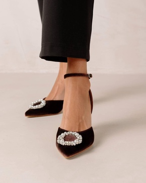 cinderella crystal embellished high-heel pumps in velvet coffee brown