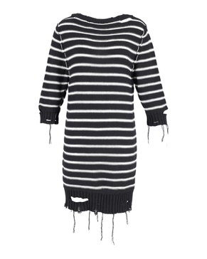 mm6  distressed-effect striped knitted dress in black and white cotton
