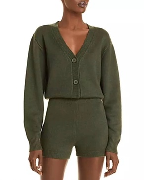 romper green long sleeve knit button up v-neck in olive