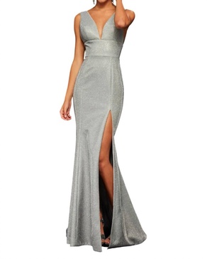 glitter stretch prom dress in electric silver