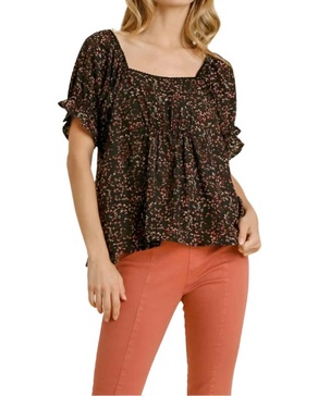 square neck floral babydoll top in black