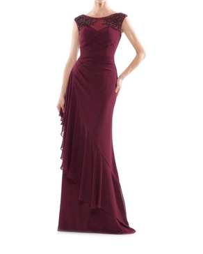 beaded sheer cap sleeve ruffle-ornate gown in wine