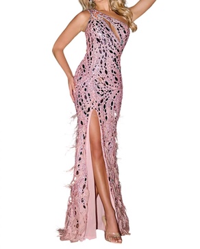 asymmetrical neckline floor-length dress in pink