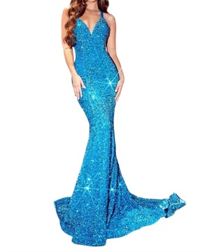 sequin mermaid evening gown in turquoise