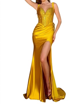 v-neckline floor-length dress in yellow