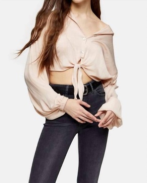 blush v neck front tie crop top in beige