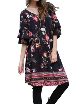floral double ruffle sleeve dress in black