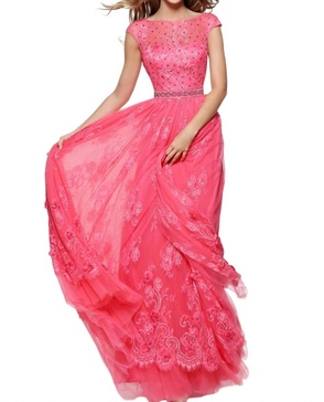 beaded prom dress in coral