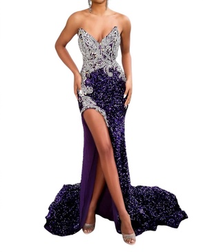 strapless velvet dress in royal purple