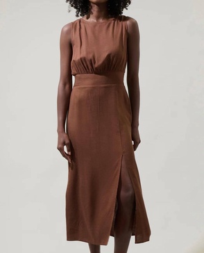 balmy smocked sleeveless dress in chocolate
