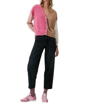 connie colour block cardigan in pink and camel