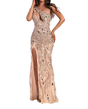 asymmetrical neckline floor-length dress in champagne