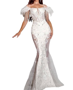 off-shoulder glitter dress in white