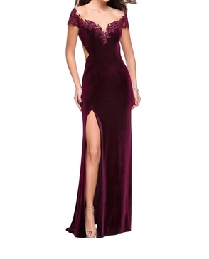 off the shoulder velvet long dress in wine