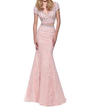 lace mermaid prom dress in blush