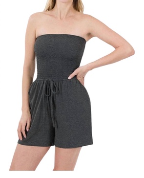 smocked shorts romper in charcoal