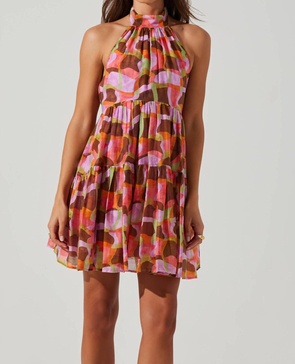 joetta halter mini dress in red brown multicolor