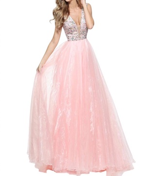 sparkly bodice prom dress in blush print