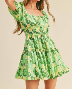 floral print tiered mini dress in green