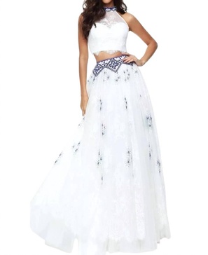 two-piece keyhole prom dress in ivory/royal
