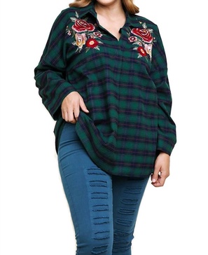 floral embroidered plaid tunic - plus in green