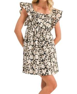 floral flutter sleeve mini dress in black/white