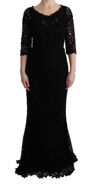 Dolce & Gabbana  Black Floral Ricamo Sheath Long Dress