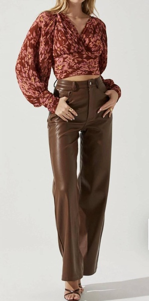 pernille pleated floral puff sleeve top in rust