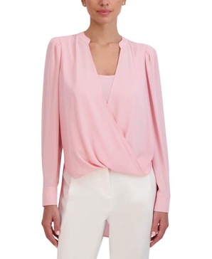 BCBGMAXAZRIA Women's Relaxed Faux Wrap Top Long Sleeve