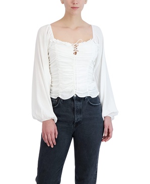 BCBGeneration Women's Sheer Long Sleeve Top Fitted Smocked Ruffle Square Neck Shirt