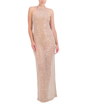 BCBGMAXAZRIA Women's Sleeveless Mock Neck Beaded Mesh Maxi Gown