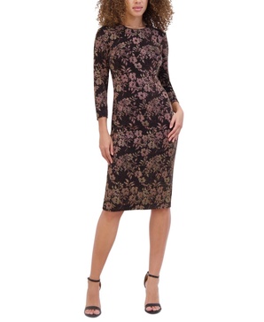 kensie Women's Floral Knit Long Sleeve Midi Bodycon Dress