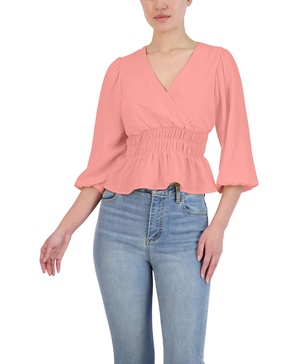 BCBGeneration Women's Fit and Flare Top 3/4 Puff Sleeve Smocked Waist Surplice Neck Shirt