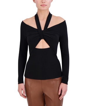 BCBGMAXAZRIA Women's Neck Long Sleeve Pullover Halter Knit Top