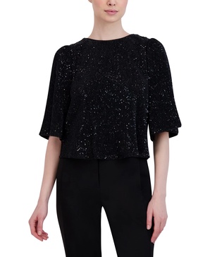 BCBGMAXAZRIA Women's Relaxed Elbow Sleeve Top Crew Neck Pleated Shirt