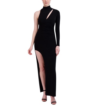 BCBGMAXAZRIA Women's Bodycon Floor Length Evening Gown One Long Sleeve Mock Neck Shirred Cut Out Side Slit