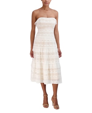 BCBGMAXAZRIA Women's Straight Neck a Line Striped Lace Midi Dress