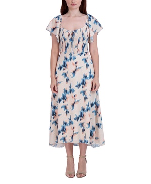 BCBGeneration Women's Scoop Neck Flutter Sleeve Smocked Bodice Pullover Midi Day Dress